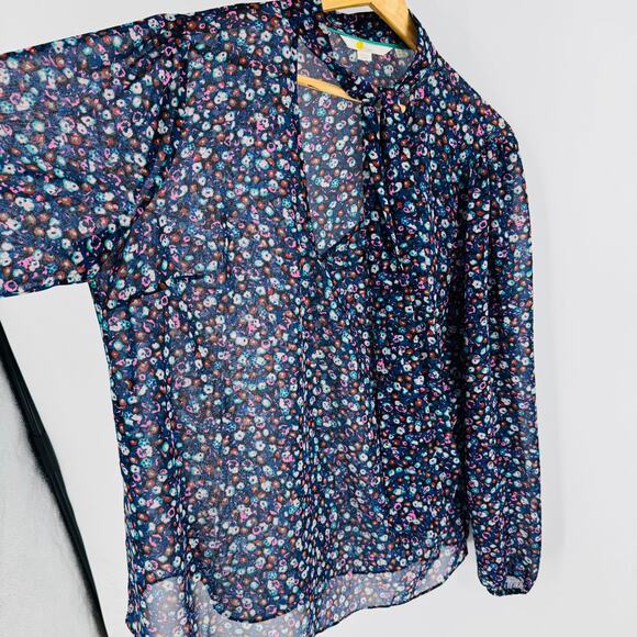 Boden Dark Sheer‎ Floral Tie Neck Blouse Multicolor Long Sleeve Black Size US 14 - Picture 8 of 9